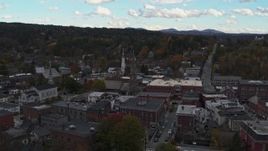 5.7K aerial stock footage orbit and fly away from church steeple and downtown buildings, Montpelier, Vermont Aerial Stock Footage | DX0002_219_034