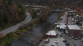 5.7K aerial stock footage approach, orbit, and fly away from bridges spanning the Winooski River, Montpelier, Vermont Aerial Stock Footage | DX0002_219_056