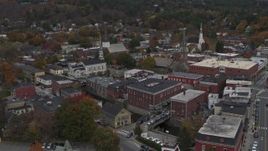 5.7K aerial stock footage of orbiting and flying away from brick buildings and churches in downtown, Montpelier, Vermont Aerial Stock Footage | DX0002_219_062