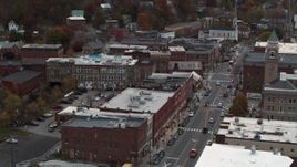 5.7K aerial stock footage of flying by Union Block buildings, Main Street, and city hall at sunset, Montpelier, Vermont Aerial Stock Footage | DX0002_220_031
