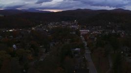 5.7K aerial stock footage of the downtown area of the city seen while passing State Street at twilight, Montpelier, Vermont Aerial Stock Footage | DX0002_220_055
