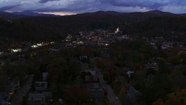 5.7K aerial stock footage of the downtown area of the city seen from homes and State Street at twilight, Montpelier, Vermont Aerial Stock Footage | DX0002_220_057