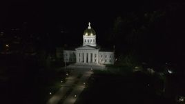 5.7K aerial stock footage of a reverse view of the Vermont State Capitol at night, Montpelier, Vermont Aerial Stock Footage | DX0002_221_004