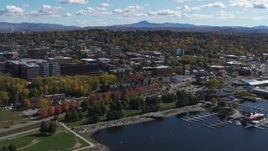 5.7K aerial stock footage of orbiting downtown, seen from the lakefront park, Burlington, Vermont Aerial Stock Footage | DX0002_222_024