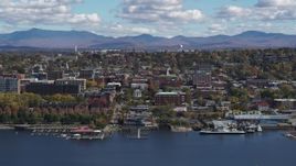 5.7K aerial stock footage of a view of city buildings in downtown, seen from the lake, Burlington, Vermont Aerial Stock Footage | DX0002_222_038