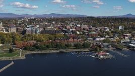 5.7K aerial stock footage of orbiting city buildings, park and marina in downtown, Burlington, Vermont Aerial Stock Footage | DX0002_224_004
