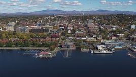 5.7K aerial stock footage fly away from marinas and downtown, Burlington, Vermont Aerial Stock Footage | DX0002_224_019
