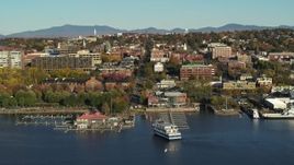 5.7K aerial stock footage orbit around city buildings and two marinas in downtown, Burlington, Vermont Aerial Stock Footage | DX0002_224_051