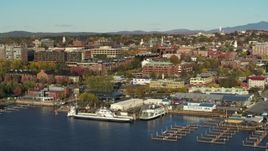 5.7K aerial stock footage orbit around two marinas and city buildings in downtown, Burlington, Vermont Aerial Stock Footage | DX0002_224_052