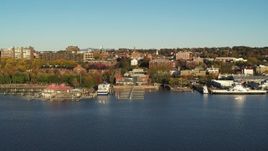 5.7K aerial stock footage of city buildings near a marina, Burlington, Vermont Aerial Stock Footage | DX0002_224_061