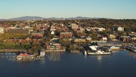 5.7K aerial stock footage orbit around downtown buildings and Lake Champlain marinas, Burlington, Vermont Aerial Stock Footage | DX0002_224_069