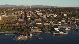 5.7K aerial stock footage of downtown's city buildings and marinas during approach to office building, Burlington, Vermont Aerial Stock Footage | DX0002_224_075