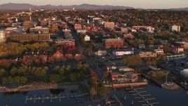 5.7K aerial stock footage orbit buildings in downtown at sunset, Burlington, Vermont Aerial Stock Footage | DX0002_225_010
