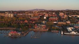 5.7K aerial stock footage fly over marina toward downtown at sunset, Burlington, Vermont Aerial Stock Footage | DX0002_225_015