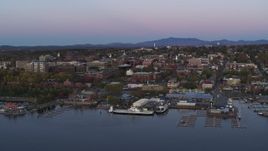 5.7K aerial stock footage of orbiting downtown buildings and two marinas at twilight, Burlington, Vermont Aerial Stock Footage | DX0002_225_029