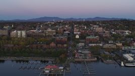5.7K aerial stock footage approach and flyby downtown buildings and a marina at twilight, Burlington, Vermont Aerial Stock Footage | DX0002_225_030