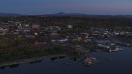 5.7K aerial stock footage approach and orbit downtown and the lakeside marinas at twilight, Burlington, Vermont Aerial Stock Footage | DX0002_225_042