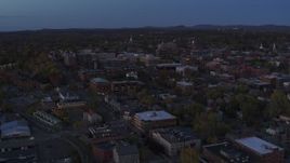 5.7K aerial stock footage slowly orbit and approach downtown area office buildings at twilight, Burlington, Vermont Aerial Stock Footage | DX0002_225_047