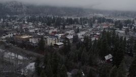 5.7K aerial stock footage focus on the small town while descending behind trees, Leavenworth, Washington Aerial Stock Footage | DX0002_227_007