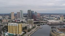 5.7K aerial stock footage reverse view of the city skyline, Downtown Tampa, Florida Aerial Stock Footage | DX0003_229_040