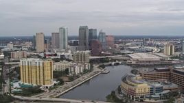 5.7K aerial stock footage of flying by the city skyline, seen from the hospital, Downtown Tampa, Florida Aerial Stock Footage | DX0003_229_041