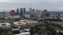 5.7K aerial stock footage a wide view of passing by skyscrapers in the city's skyline, Downtown Tampa, Florida Aerial Stock Footage | DX0003_231_006
