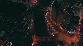 HD stock footage aerial video bird's eye of the Chicago River bridges and streets at night through Downtown Chicago, Illinois Aerial Stock Footage | ED0001_000039