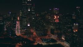 HD stock footage aerial video of city streets and skyscrapers at nighttime in Downtown Chicago, Illinois Aerial Stock Footage | ED0001_000070