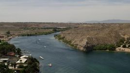 4K aerial stock footage of speed boat and docks on the Colorado River in Laughlin, Nevada Aerial Stock Footage | FG0001_000007