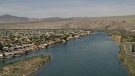 4K aerial stock footage of waterfront homes on the Colorado River in Bullhead City, Arizona Aerial Stock Footage | FG0001_000013
