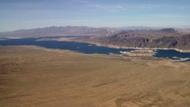 4K aerial stock footage pan and approach the Lower Narrows arm of Lake Mead in the Nevada Desert Aerial Stock Footage | FG0001_000270