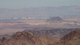 4K aerial stock footage of a view across the desert at the casino hotels of Las Vegas, Nevada Aerial Stock Footage | FG0001_000290
