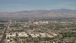 4K aerial stock footage approach Downtown Las Vegas hotels and casinos from I-515, Nevada Aerial Stock Footage | FG0001_000312