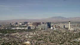 4K aerial stock footage of hotels and casinos on the Las Vegas Strip seen from near Stratosphere, Nevada Aerial Stock Footage | FG0001_000316