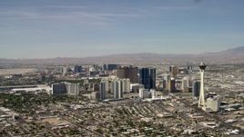 4K aerial stock footage of Stratosphere and hotels and casinos on the Las Vegas Strip in Nevada Aerial Stock Footage | FG0001_000317