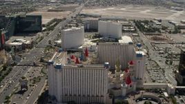 4K aerial stock footage of the Tropicana and Excalibur on Tropicana Avenue, and reveal Luxor on the Las Vegas Strip, Nevada Aerial Stock Footage | FG0001_000328