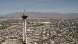 4K aerial stock footage approach the top of Stratosphere Las Vegas, Nevada Aerial Stock Footage | FG0001_000340
