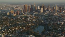HD stock footage aerial video Downtown Los Angeles seen from Echo Lake at sunset, Echo Park, California Aerial Stock Footage | HDA06_16