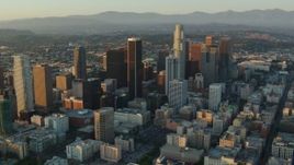 HD stock footage aerial video flyby high-rises and skyscrapers at sunset in Downtown Los Angeles, California Aerial Stock Footage | HDA06_25