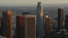 HD stock footage aerial video Bank of America Center and US Bank Tower at sunset in Downtown Los Angeles, California Aerial Stock Footage | HDA06_30