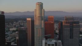 HD stock footage aerial video orbit US Bank Tower to reveal top of Aon Center at sunset, Downtown Los Angeles, California Aerial Stock Footage | HDA06_53