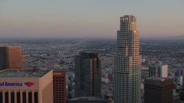 HD stock footage aerial video flyby US Bank Tower to reveal Bank of America Center at sunset, Downtown Los Angeles, California Aerial Stock Footage | HDA06_54