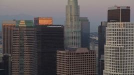 HD stock footage aerial video skyscrapers near US Bank Tower at twilight in Downtown Los Angeles, California Aerial Stock Footage | HDA06_59