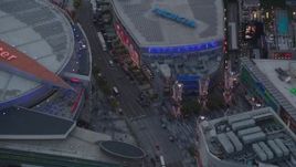 HD stock footage aerial video bird's eye view of Staples Center and Nokia Theater at twilight in Downtown Los Angeles, California Aerial Stock Footage | HDA06_65