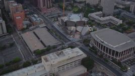 HD stock footage aerial video orbit Walt Disney Concert Hall and Dorothy Chandler Pavilion at twilight in Downtown Los Angeles, California Aerial Stock Footage | HDA06_70