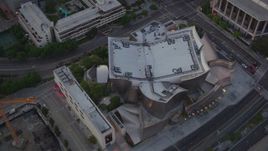 HD stock footage aerial video an orbit of the Walt Disney Concert Hall at twilight in Downtown Los Angeles, California Aerial Stock Footage | HDA06_71