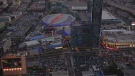 HD stock footage aerial video approach Nokia Theater, Staples Center and hotels in Downtown Los Angeles, California, twilight Aerial Stock Footage | HDA06_77