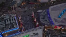 HD stock footage aerial video tilt to bird's eye view of Nokia Theater and Staples Center at twilight, Downtown Los Angeles, California Aerial Stock Footage | HDA06_78