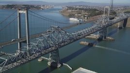 5K aerial stock footage of flying by both spans of the Carquinez Bridge, Carquinez Strait, Vallejo, California Aerial Stock Footage | JDC01_031
