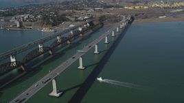 5K aerial stock footage tilt from yacht near bridges to wider view of Carquinez Strait and Benicia-Martinez Bridge, California Aerial Stock Footage | JDC01_051